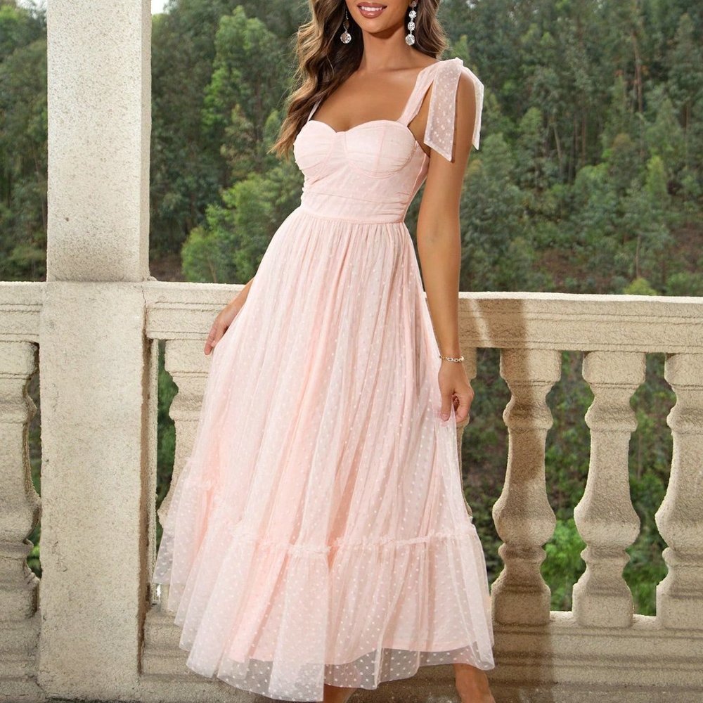 Baby Pink Casual Womens Tie Shoulder Ruched Bust Ruffle Hem Mesh Overlay Cami… - Picture 3 of 5